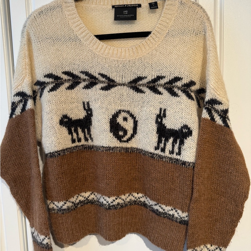 Scotch & Soda Cream and Brown Alpaca Blend Patterned Sweater Size Small